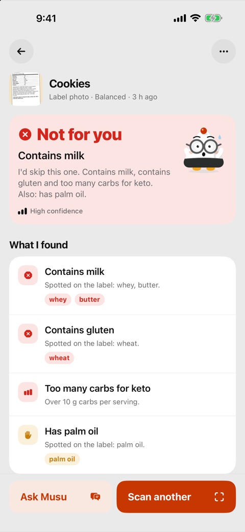 Musu result in red: not for you, it contains milk and gluten
