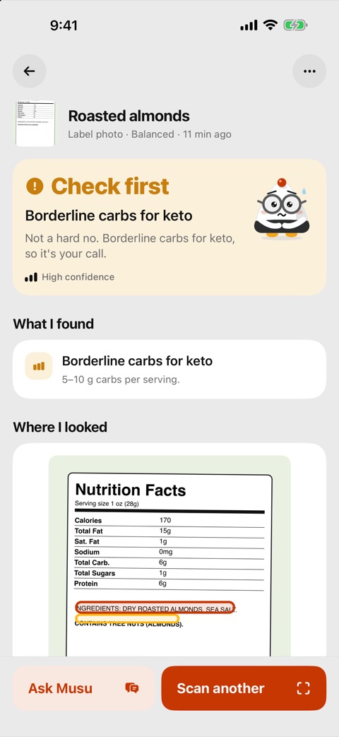 Musu result in yellow: check first, borderline carbs for keto